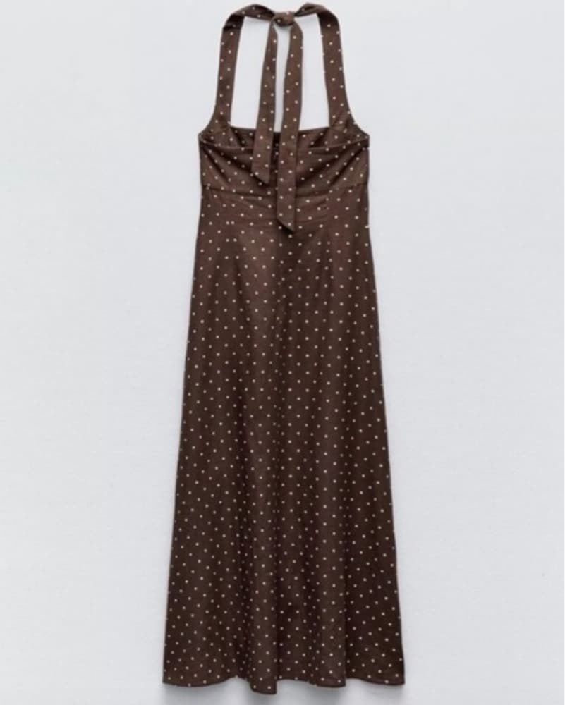 Zara Brown Linen Polka Dot Midi Dress - Image 2