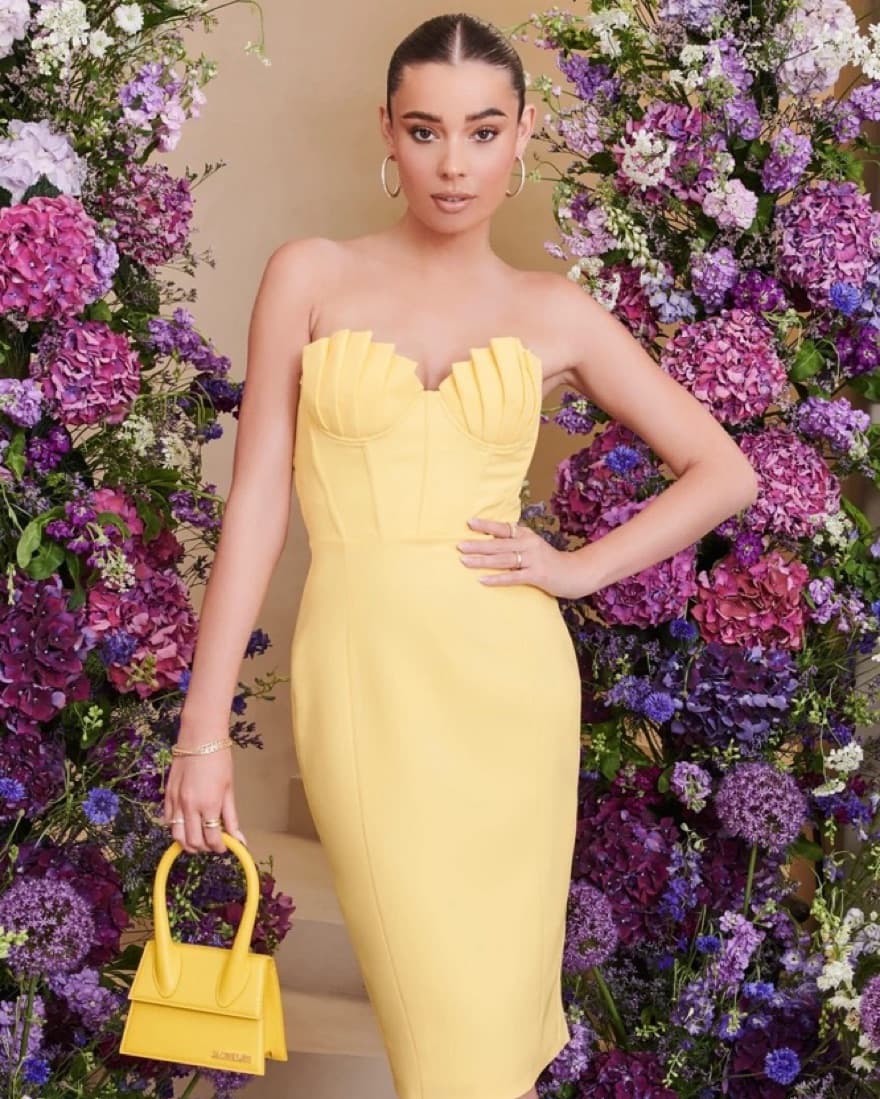 Yellow Pleated Bust Midi Dress  - Image 1