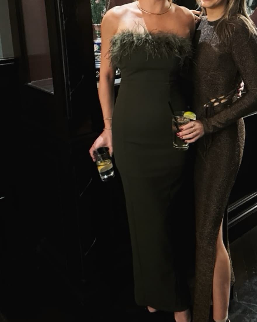 Strapless Olive Green Feather Dress - Image 3