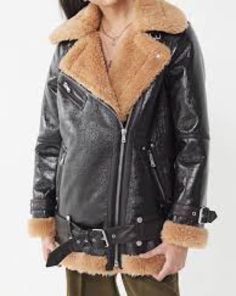 Patent Leather Faux Sherpa Biker Jacket - Image 1
