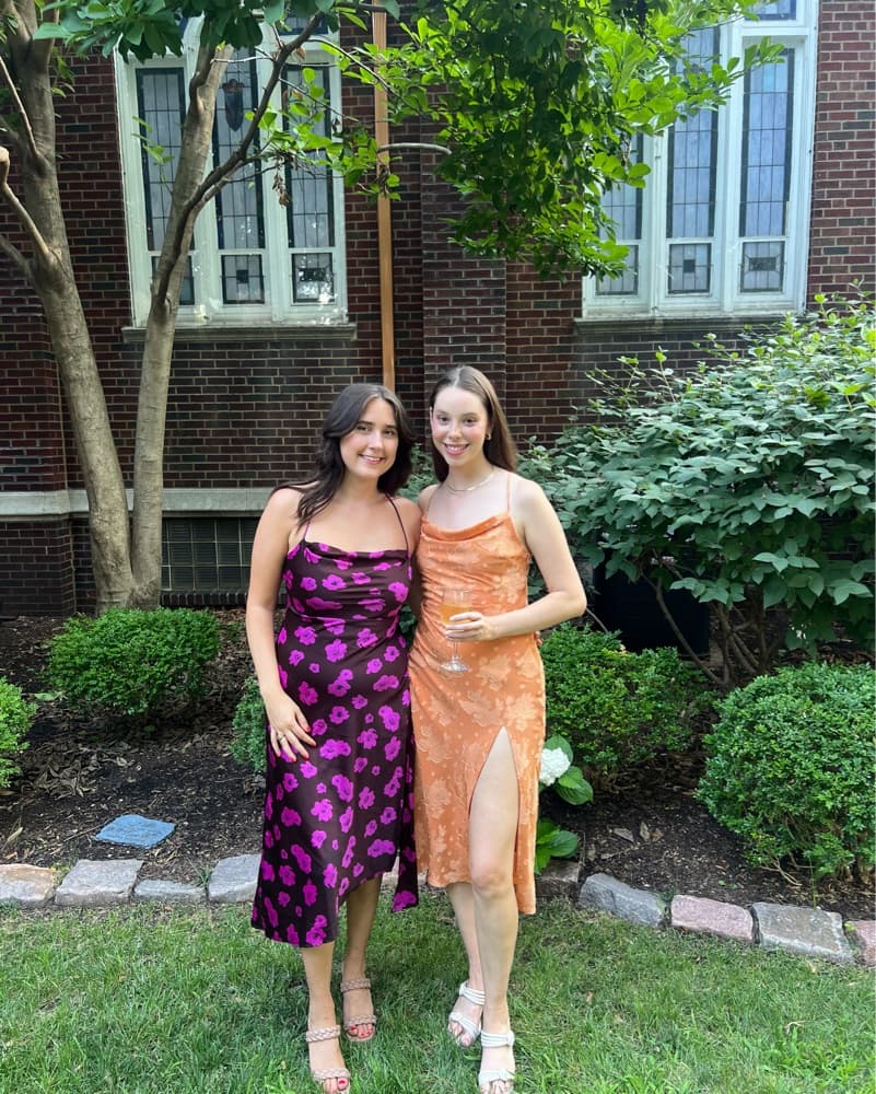 Bold Floral Midi Dress and Metallic Satin Gown - Image 1