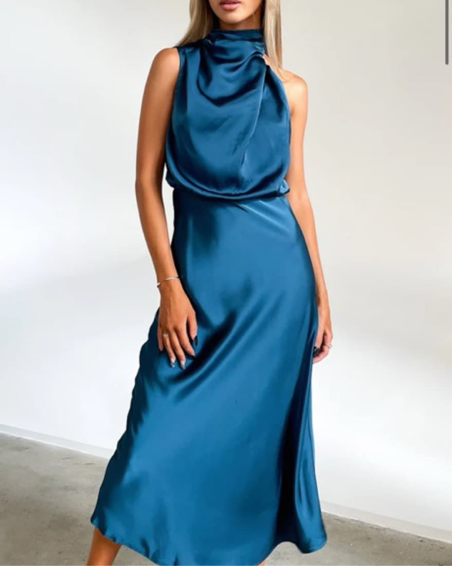 Silk High Neck Blue Dress - Image 1