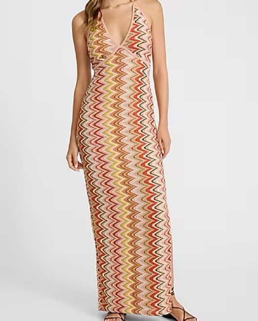 Printed Crochet Halter V-Neck Maxi Dress - Image 1