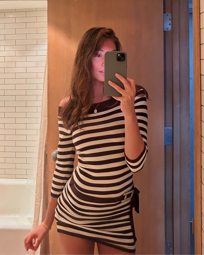 Striped Off Shoulder Bodycon Dress - Image 1
