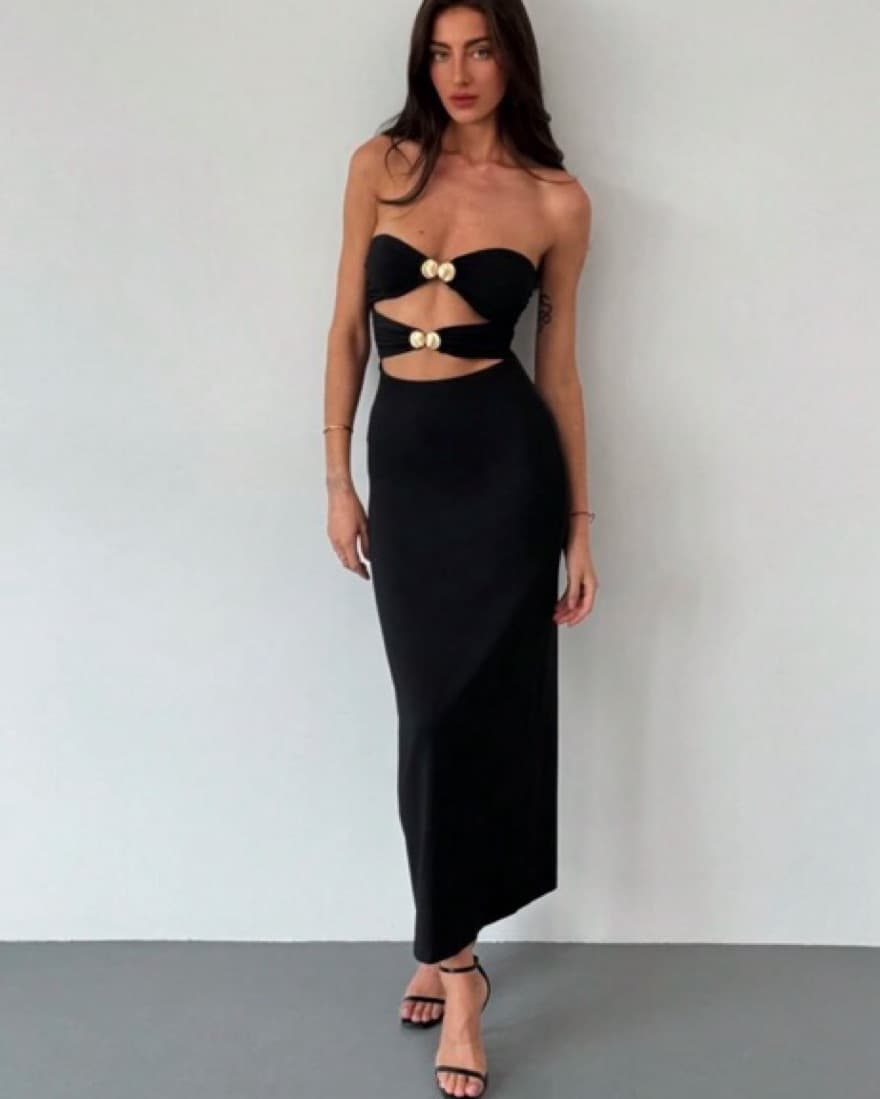 Black Cut Out Dress with Gold Details - Image 1