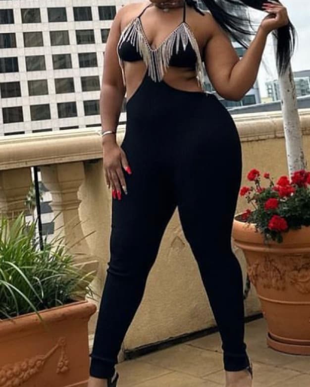 Backless Low Cut Romper V Neck Rhinstone - Image 1