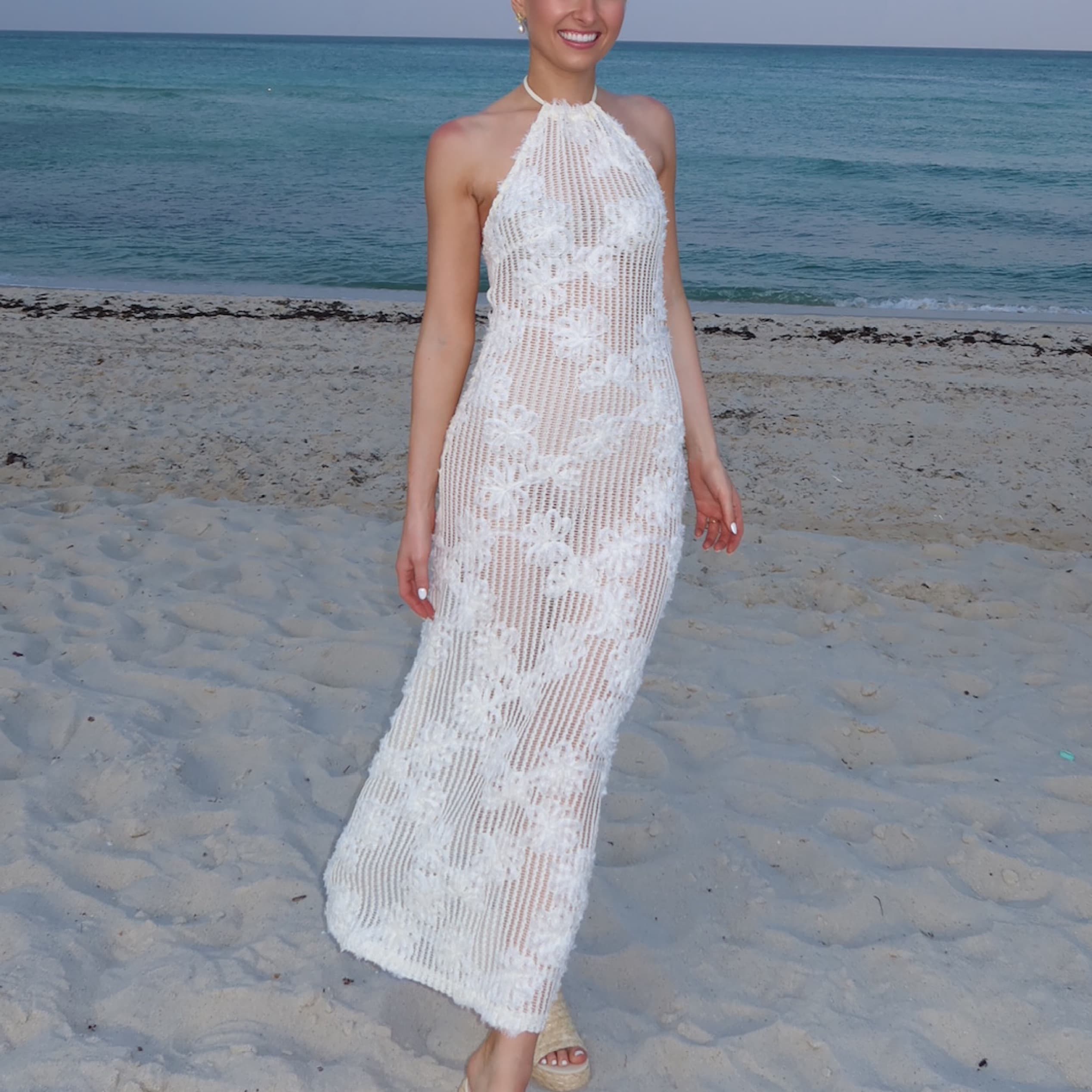 White Floal Crochet Halter Maxi Dress - Image 2