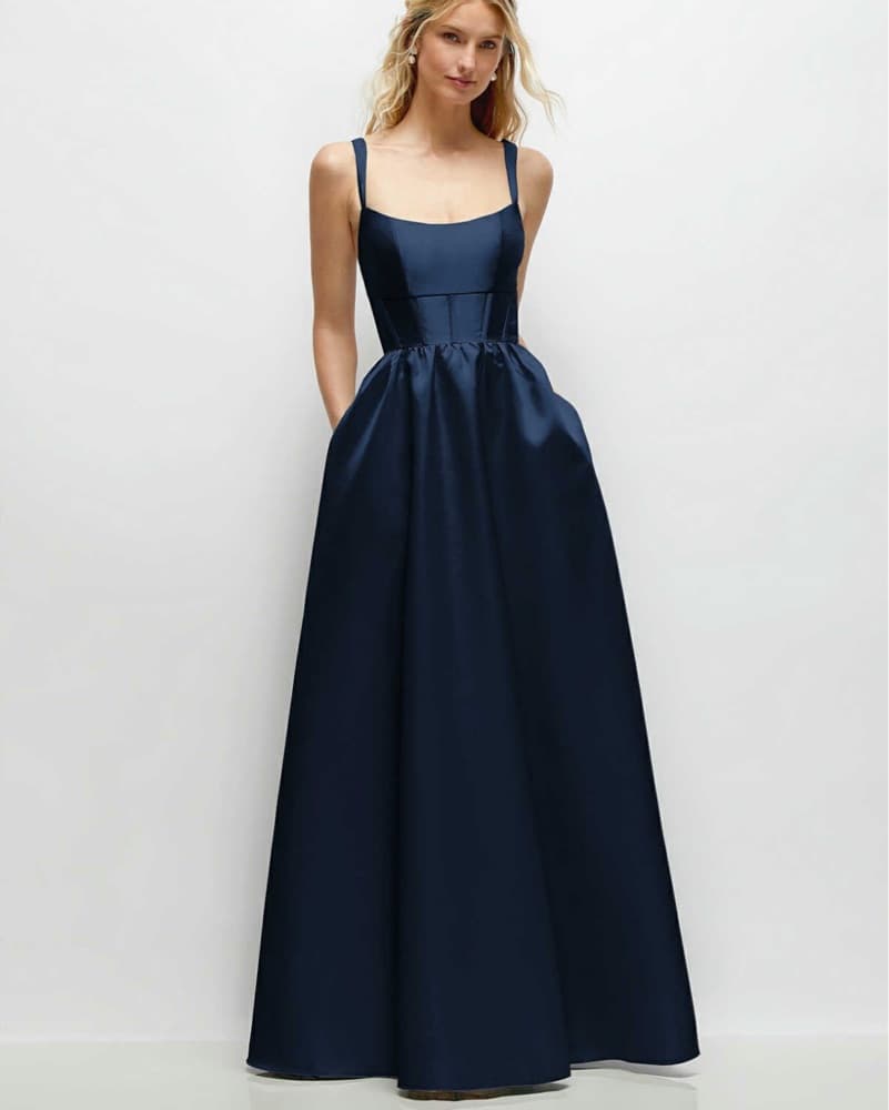 Elegant Navy Blue Satin Corset Gown - Image 1