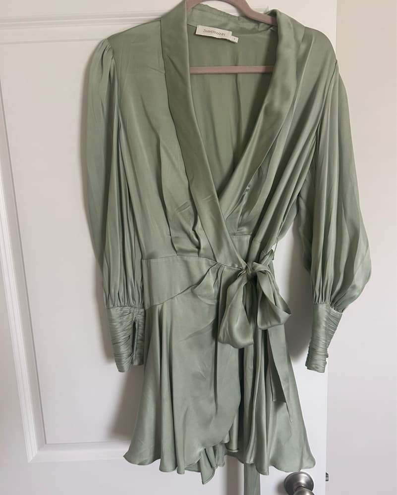 Zimmerman Silk Wrap Mini Dress Sage - Image 6