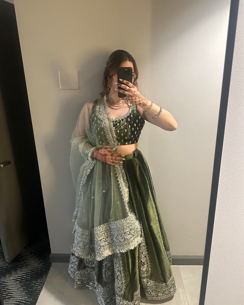 Green Embroidered Velvet Lehenga  - Image 3