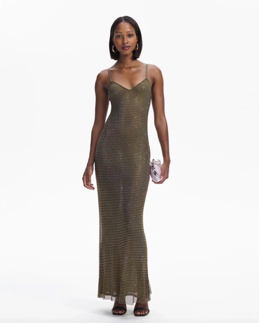 Self-Portrait Khaki Rhinestone Dress - Image 1