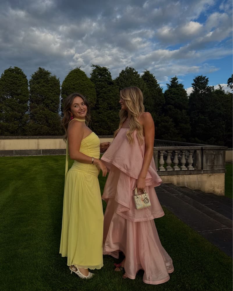 Elegant Yellow Gown with Neck Scarf - Image 1