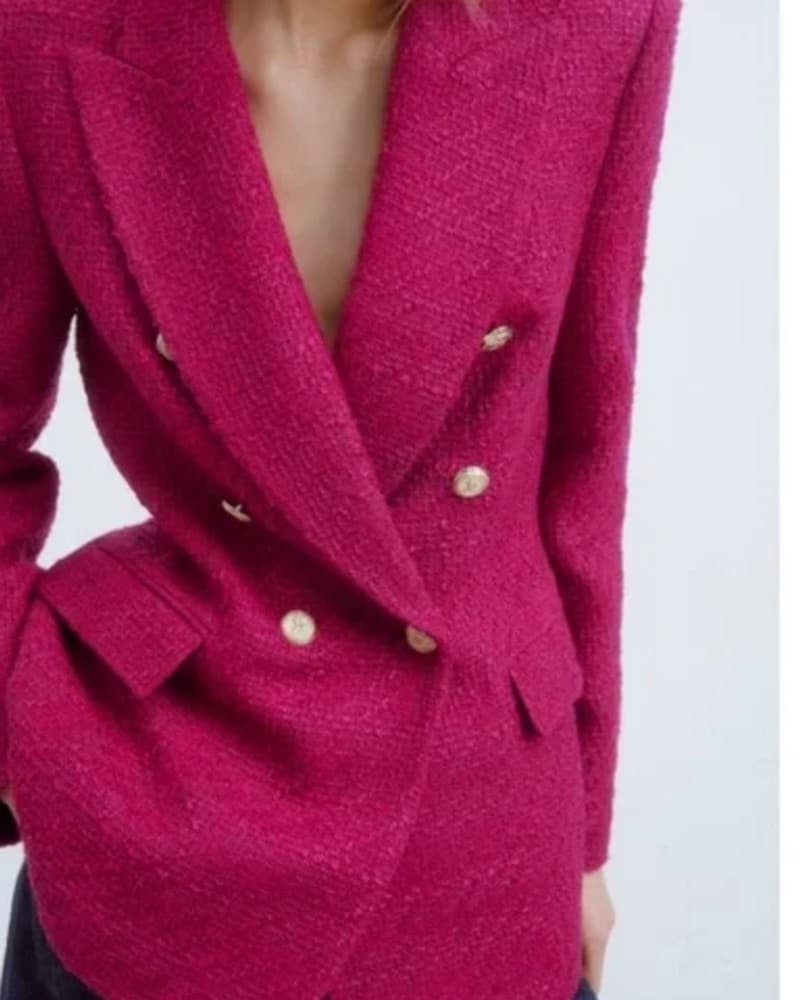 Pink Double-Breasted Tweed Blazer Jacket - Image 3