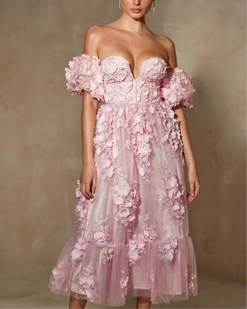 Statement Floral Puff-Sleeve Midi Dress - Image 2