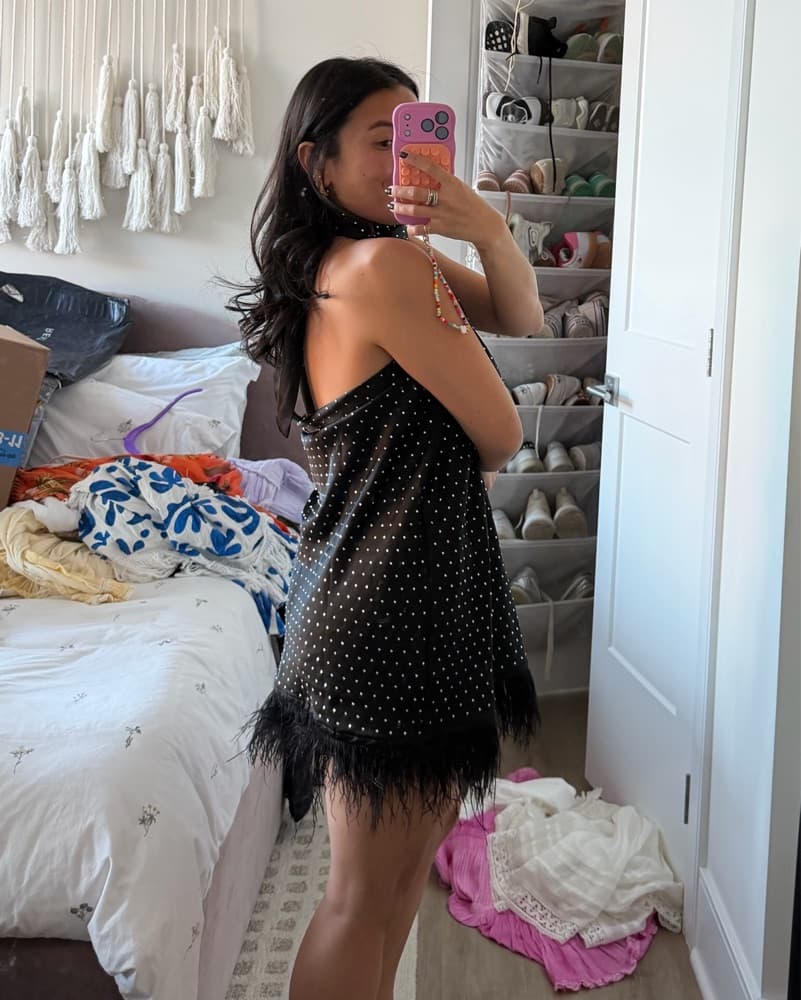Black Feather Hem Rhinestone Mini Dress  - Image 4