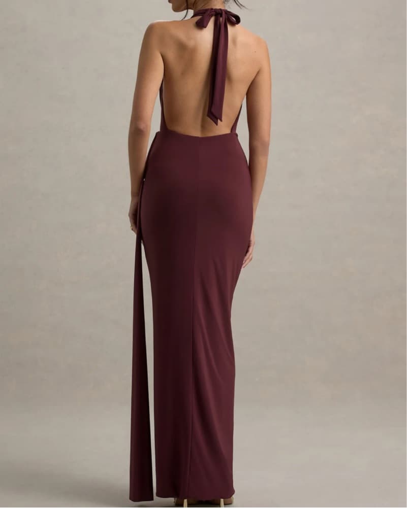 Burgundy halter draped maxi dress - Image 2