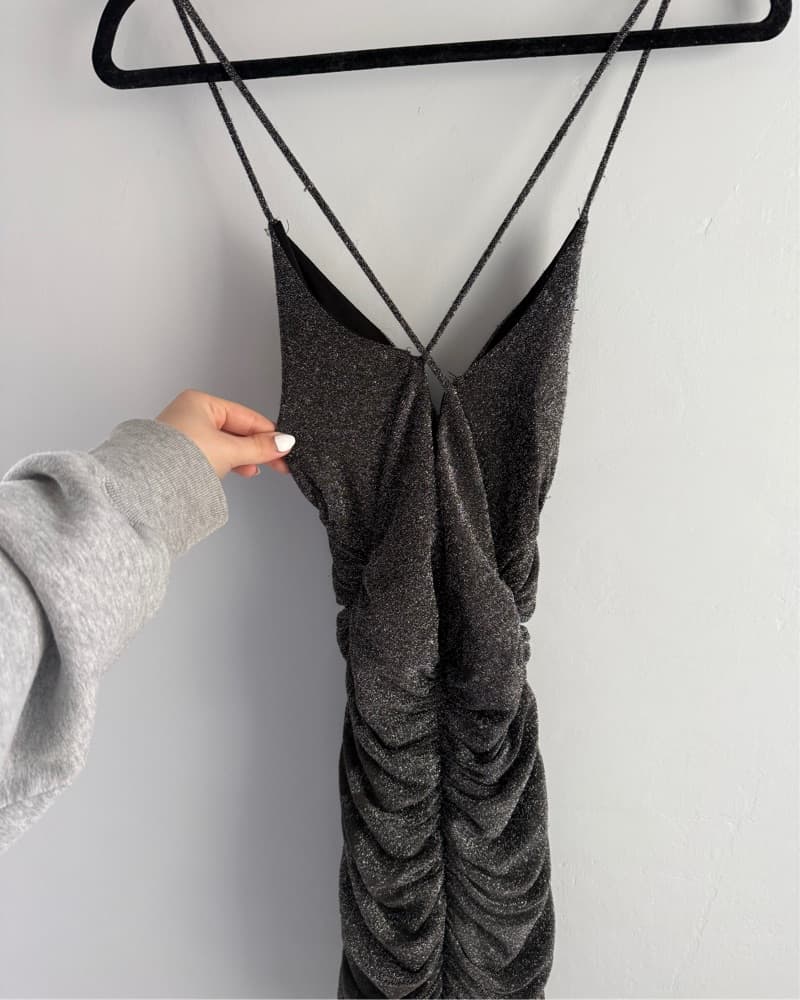 Glittery Gray Ruched Dress - Image 3
