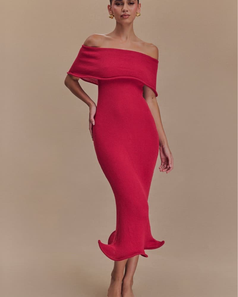 Stunning Red Off-Shoulder Midi Dress - Image 1