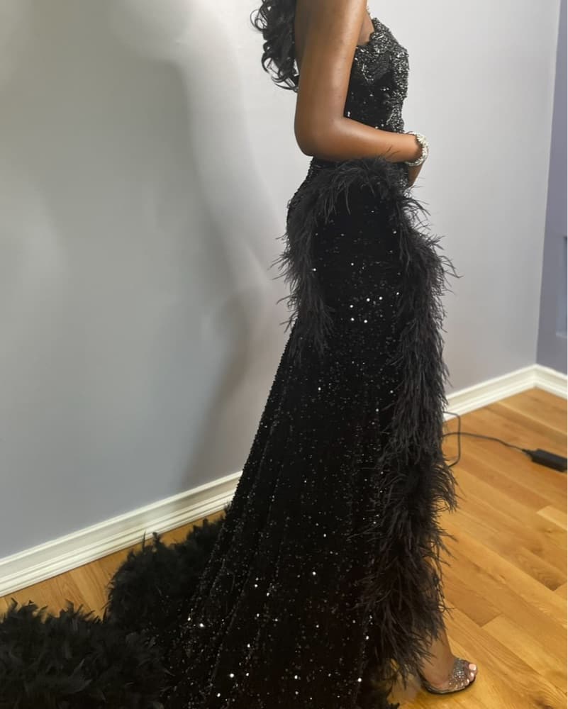 Black Sequin feathered boutique dress - Image 3