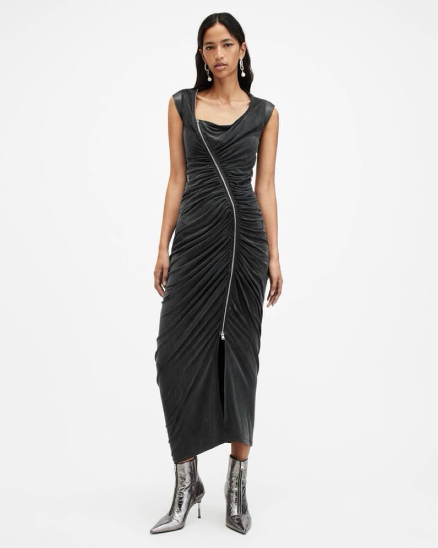 All Saints Elegant Ruched Midi Dress - Image 1