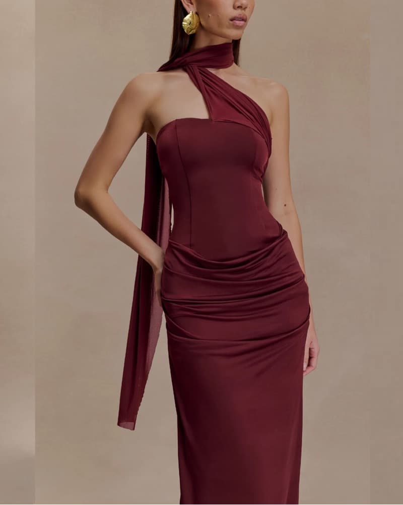 Burgundy Red Maxi Dress with Scarf - Image 4