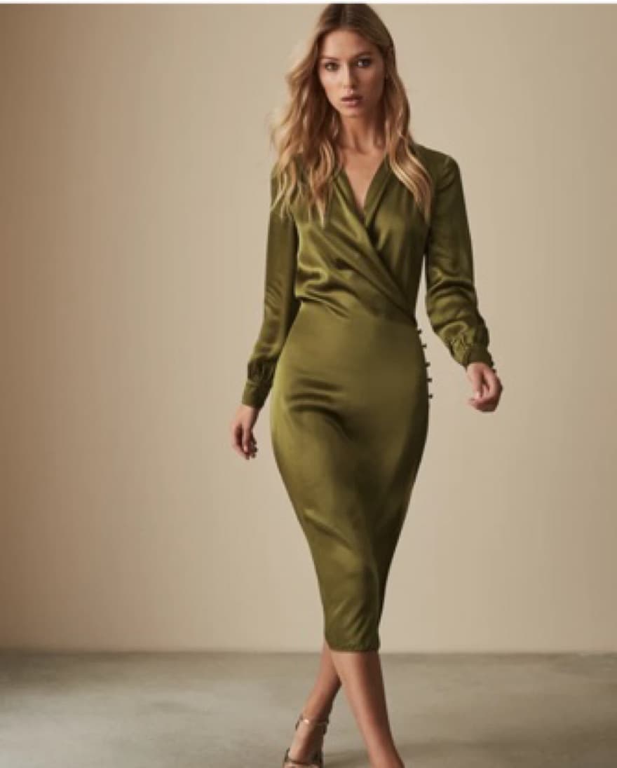 Reiss Olive Green Satin Wrap Dress - Image 1