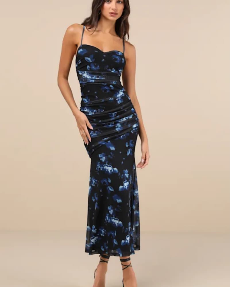 Black Floral Mesh Drop Waist Maxi Dress - Image 1