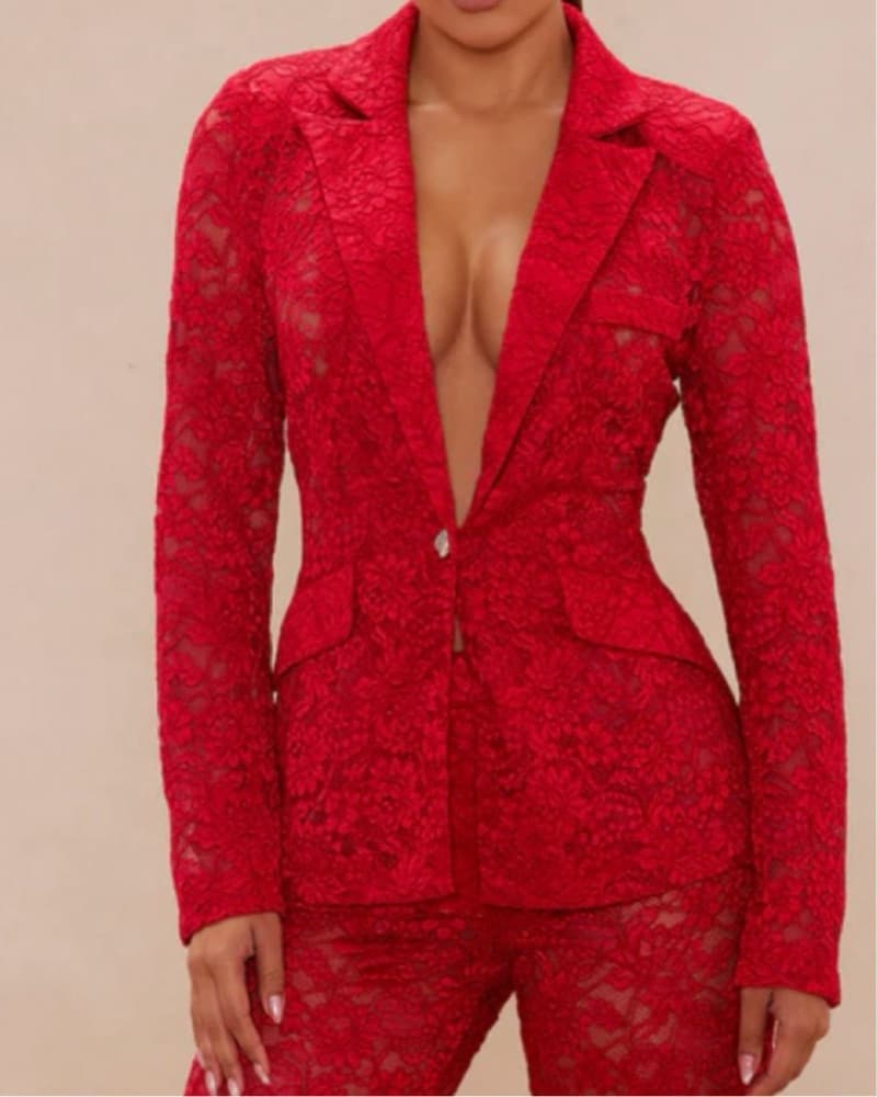 Red Lace Blazer/pants Matching Set Suit - Image 2