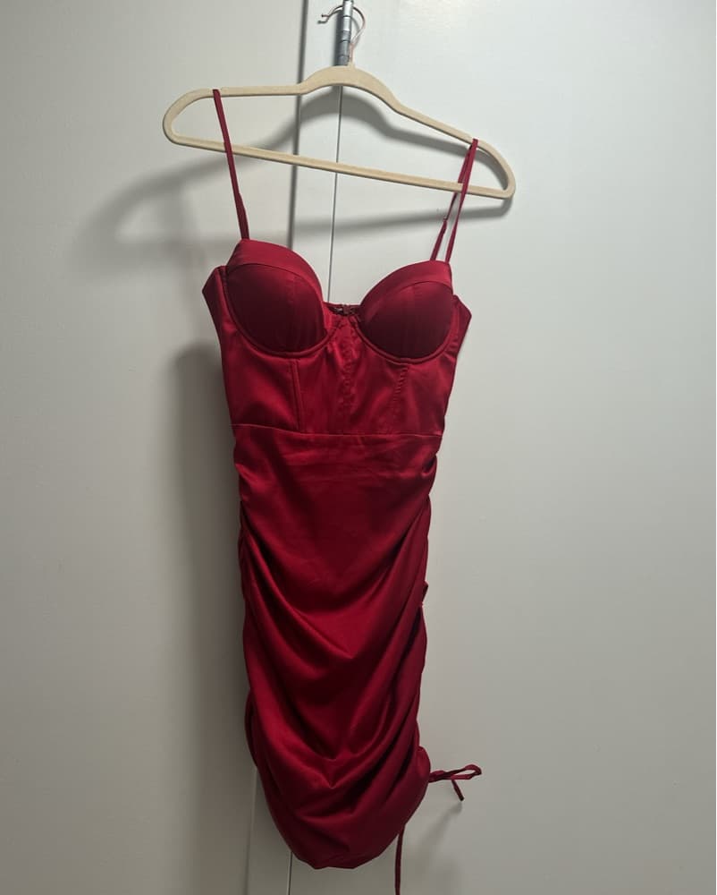 Oh Polly Red Ruched Satin Mini Dress - Image 1