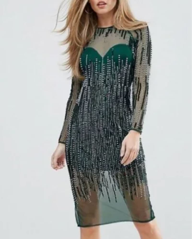 Sequin Lined Stripe Bodycon Midi dress  - Image 1