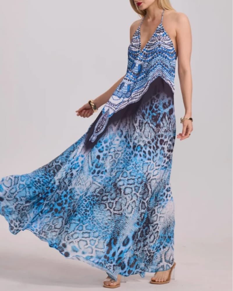 Vibrant Leopard Blue Print Maxi Dress - Image 2