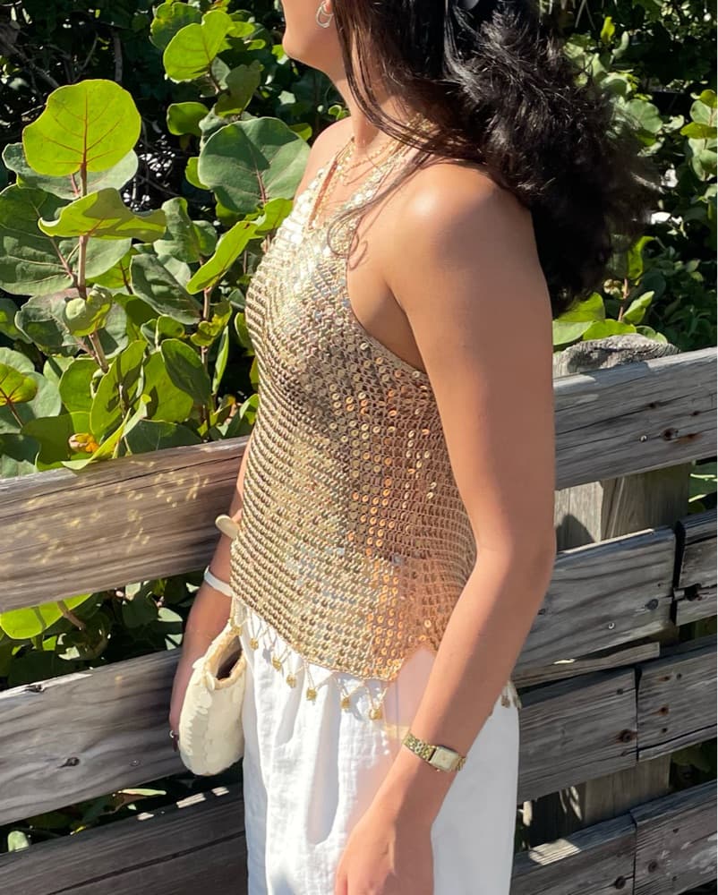 Golden Sequin Crochet Tank Top - Image 3