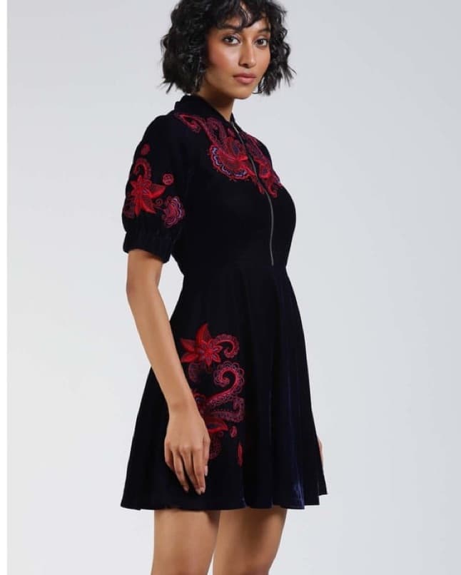 Navy Embroidered Zipper Short Dress - Image 2