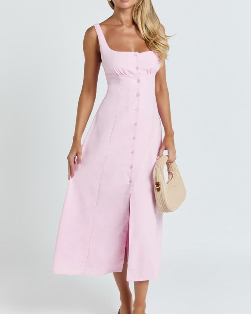 Button Front Tie-back Midi Dress Pink  - Image 4