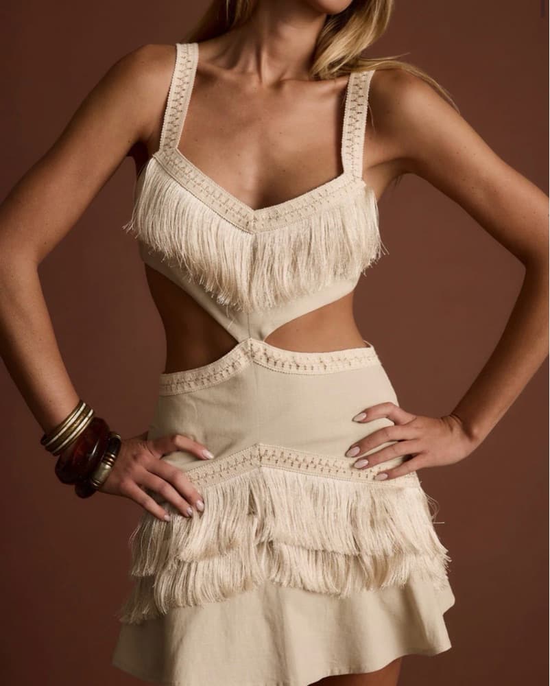 Tan Fringe Mini Dress With Cutouts - Image 1