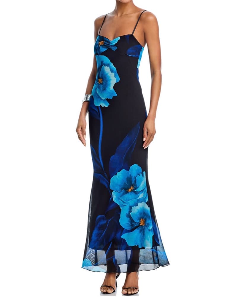 Aqua Blue Floral Mesh Maxi Dress - Image 2