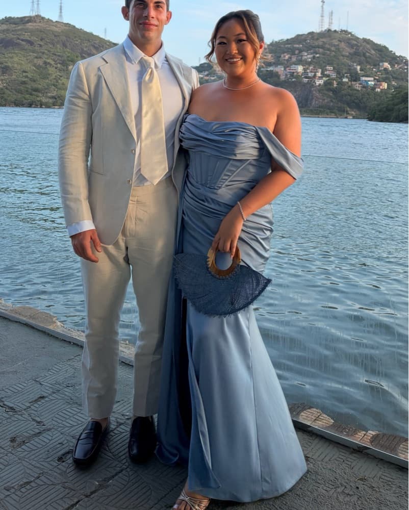 Blue Satin Wedding Guest Dress - Image 1