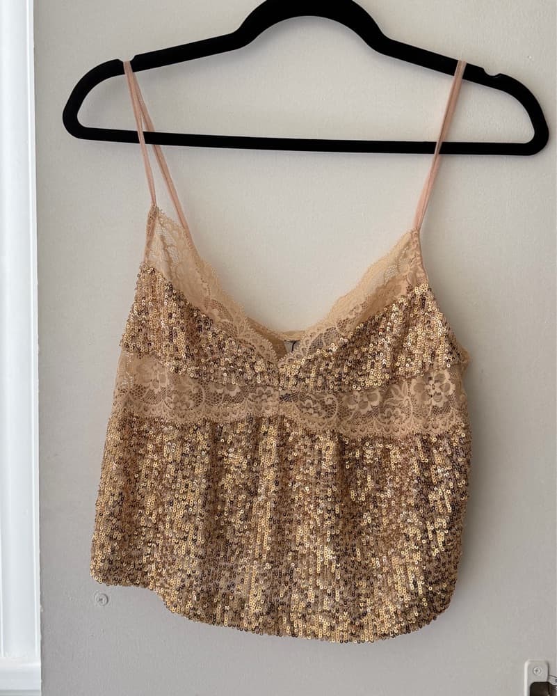 Gold Sequin Lace Trim Top - Image 1