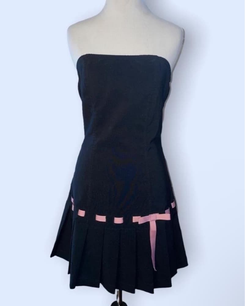 Black Drop Waist Pleated Bow Mini Dress - Image 1