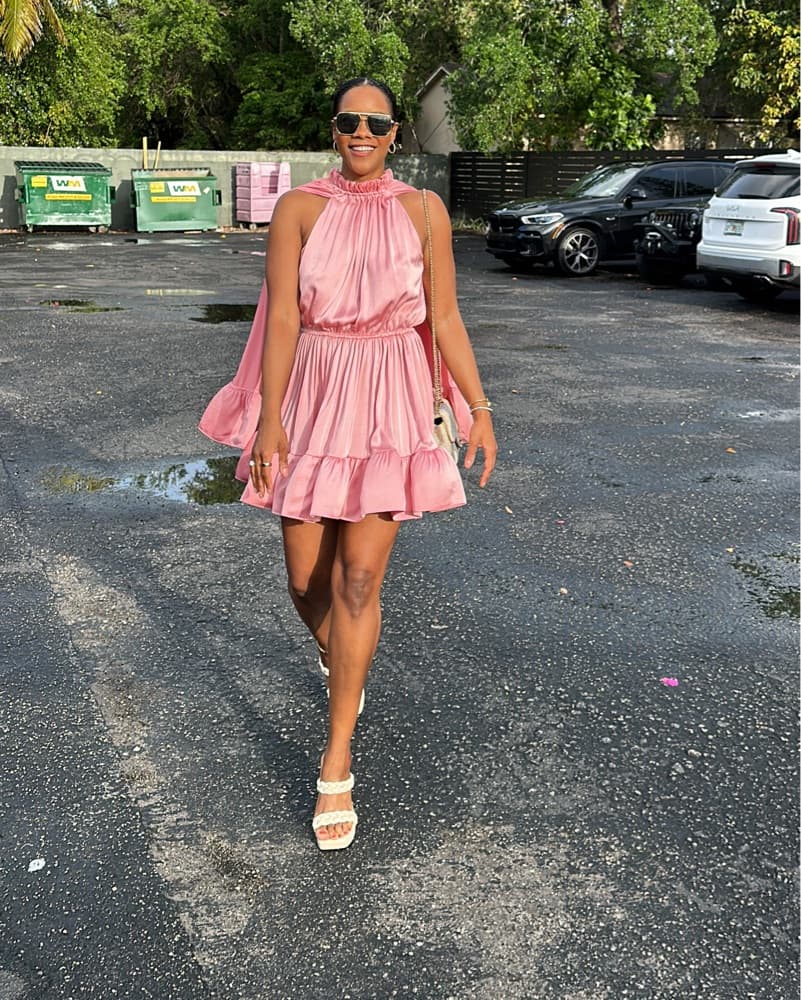 Alexis - Lynda Pink Ruffled Cape Dress - Image 3