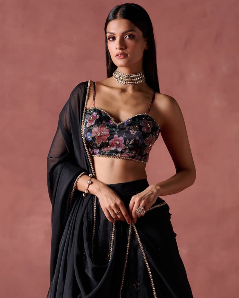 Black Floral Printed Organza Lehenga - Image 1