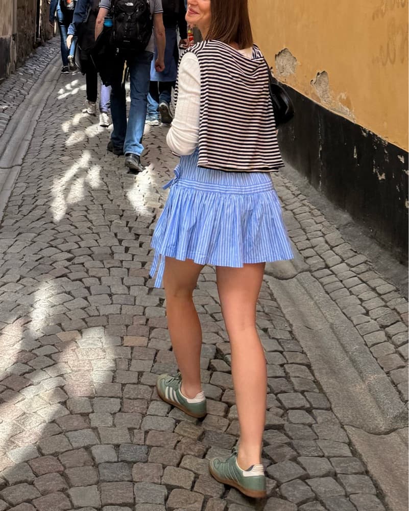 Hill House Blue Striped Chelsea Skirt On - Image 4
