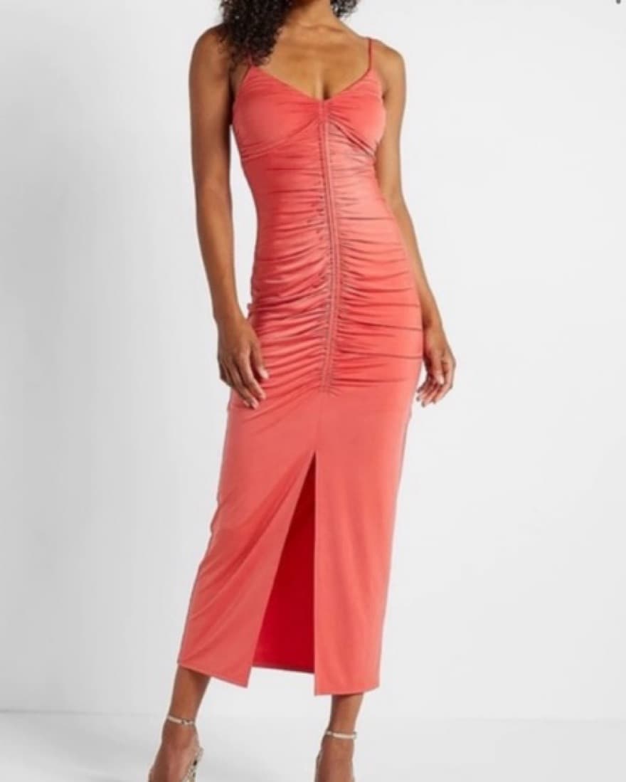 Coral Ruched Midi Dress - Image 2