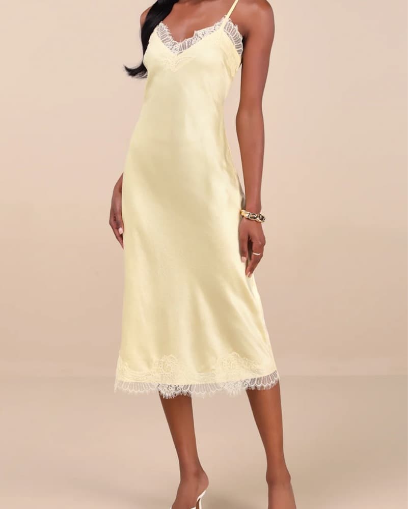 Yellow Crinkle Satin Lace Midi Slip Dres - Image 2