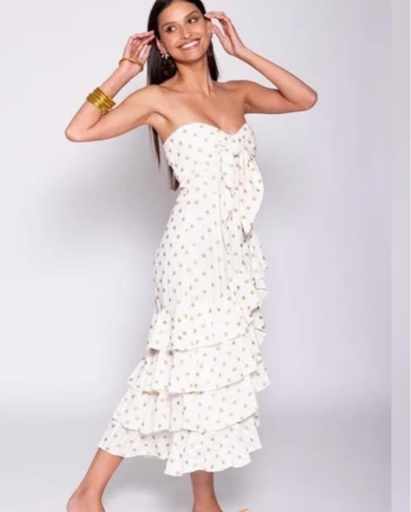 Strapless White Long Sundress With Gold - Image 1