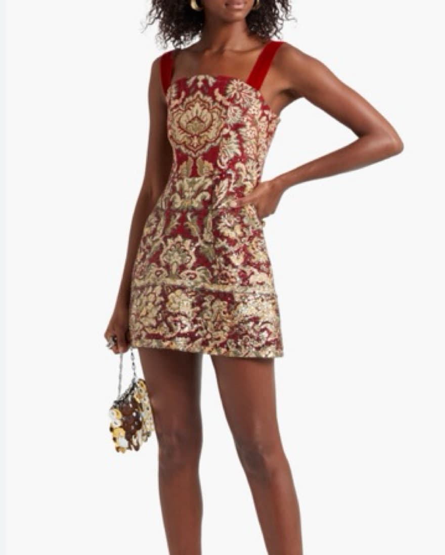 Red Brocade Mini Dress With Sequins - Image 1