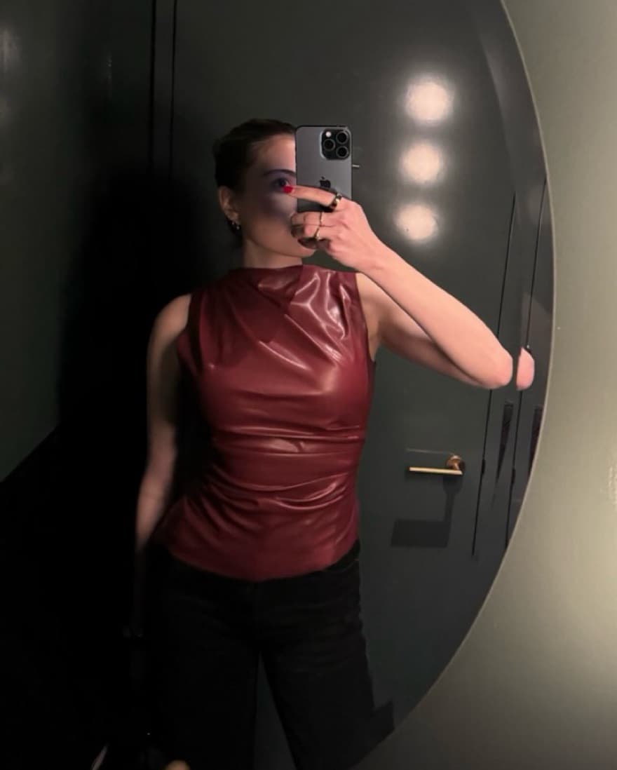 Asymmetric Faux Leather Gathered Top - Image 2