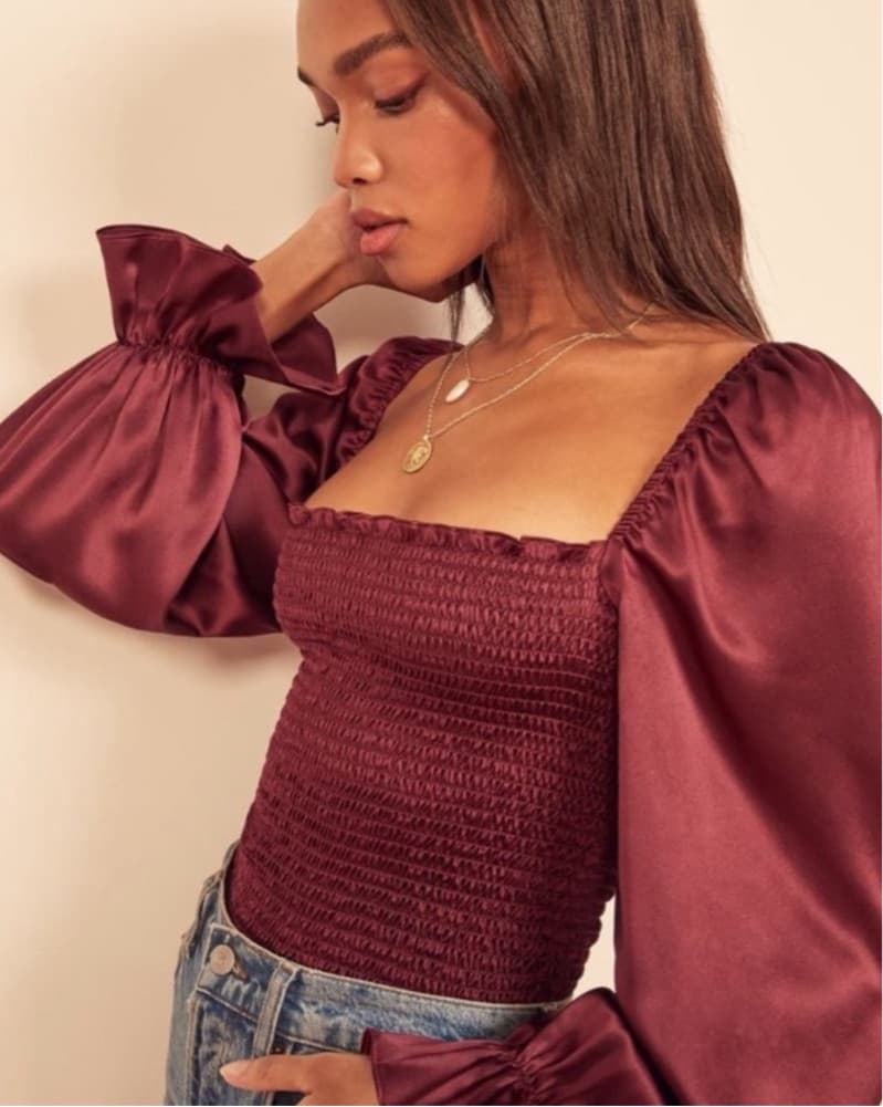 Reformation Plum Smocked Silk Top - Image 2