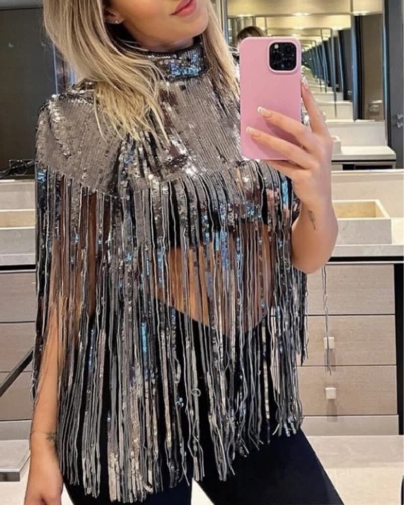 Zara Silver Sequin Fringe Top  - Image 2