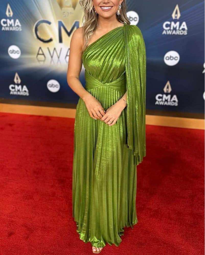 Green Metallic Pleated Gown S - Image 1